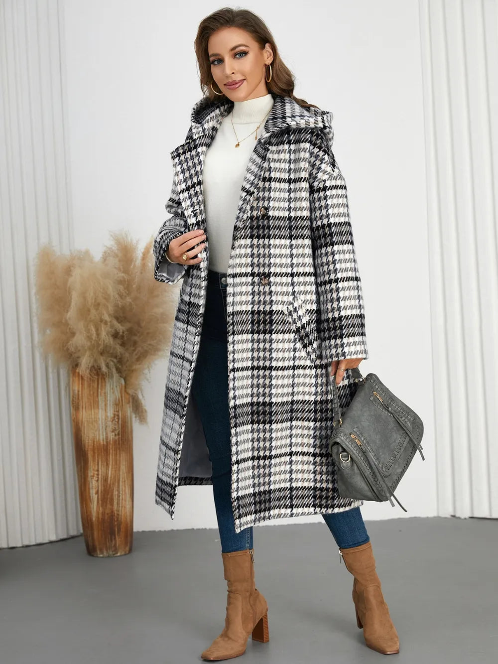 Plaid Double-Breasted Long Sleeve Longline Coat - 100% Polyester, Buttoned, Normal Thickness