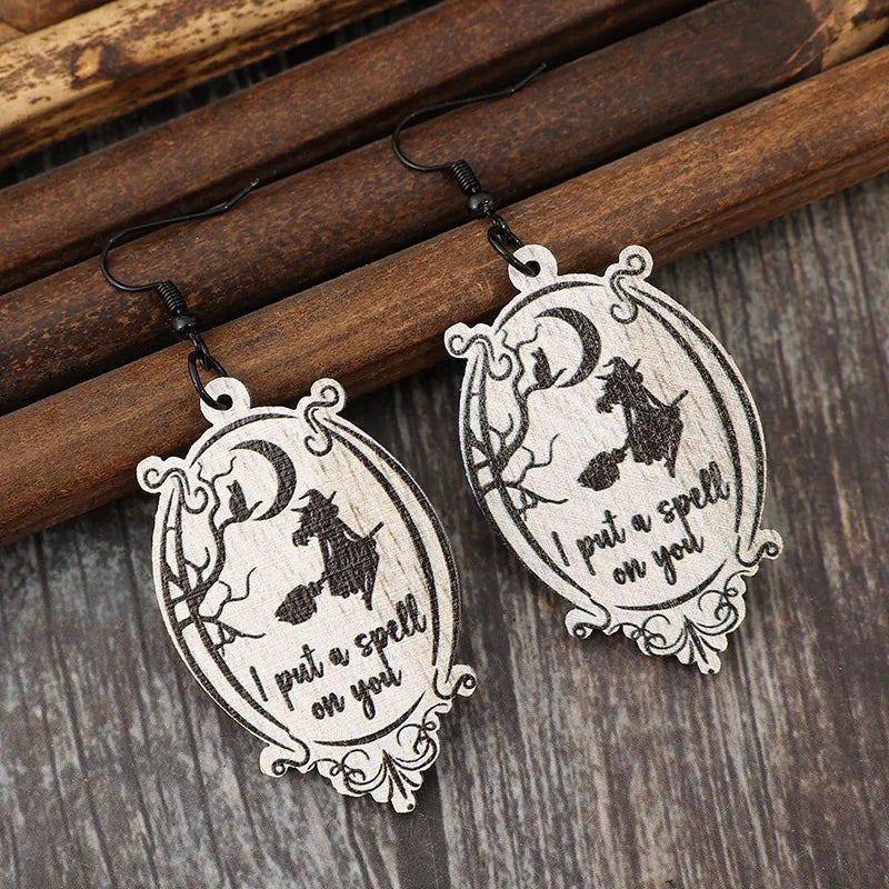 Elegant Witch Wooden Dangle Earrings - Unique 2.8" Alloy & Wood Jewelry