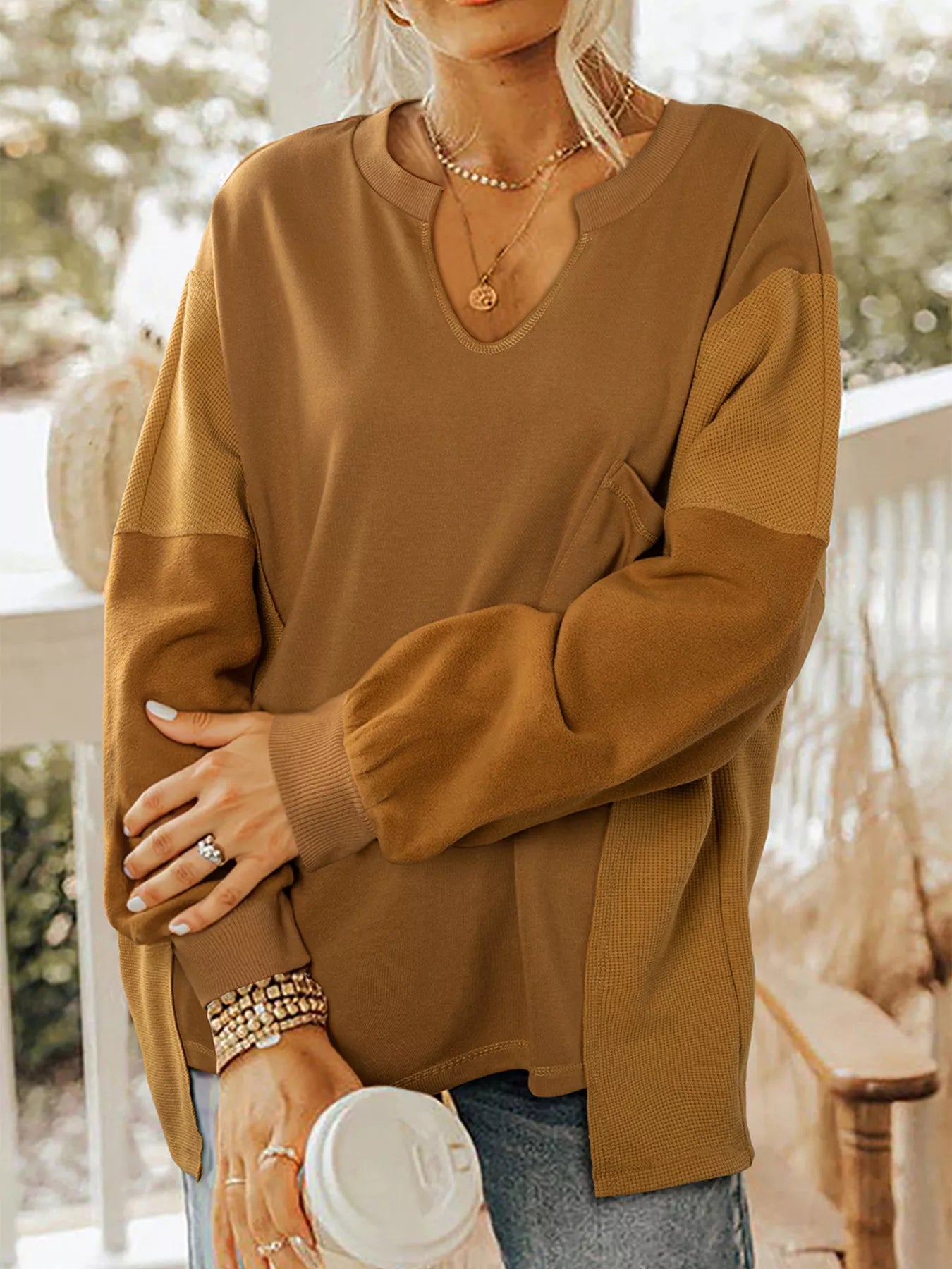 Trendy Oversized High Low Sweatshirt with Textured Fabric and Pocket, Soft Cotton Blend