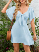 Smocked Back Knotted Flutter Sleeve Dress Light Blue