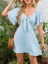 Smocked Back Knotted Flutter Sleeve Dress Light Blue