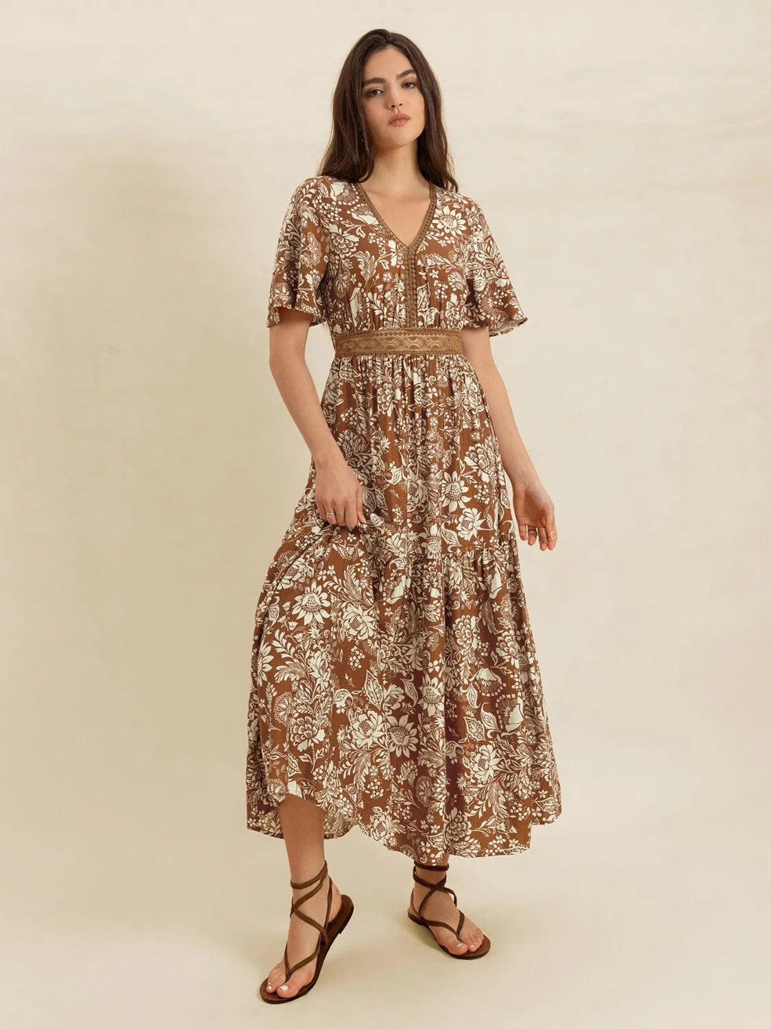 Elegant Lace Detail Midi Dress with Unique Print - Short Sleeve & Non-Stretch Viscose