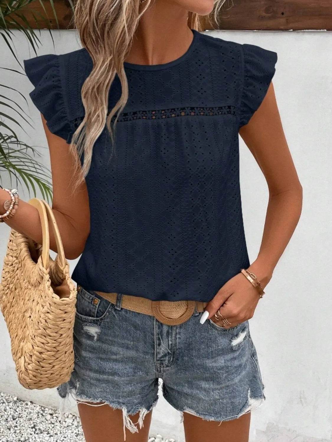 Elegant Eyelet Round Neck Cap Sleeve Top - 95% Polyester, No Stretch, Imported - Store 42