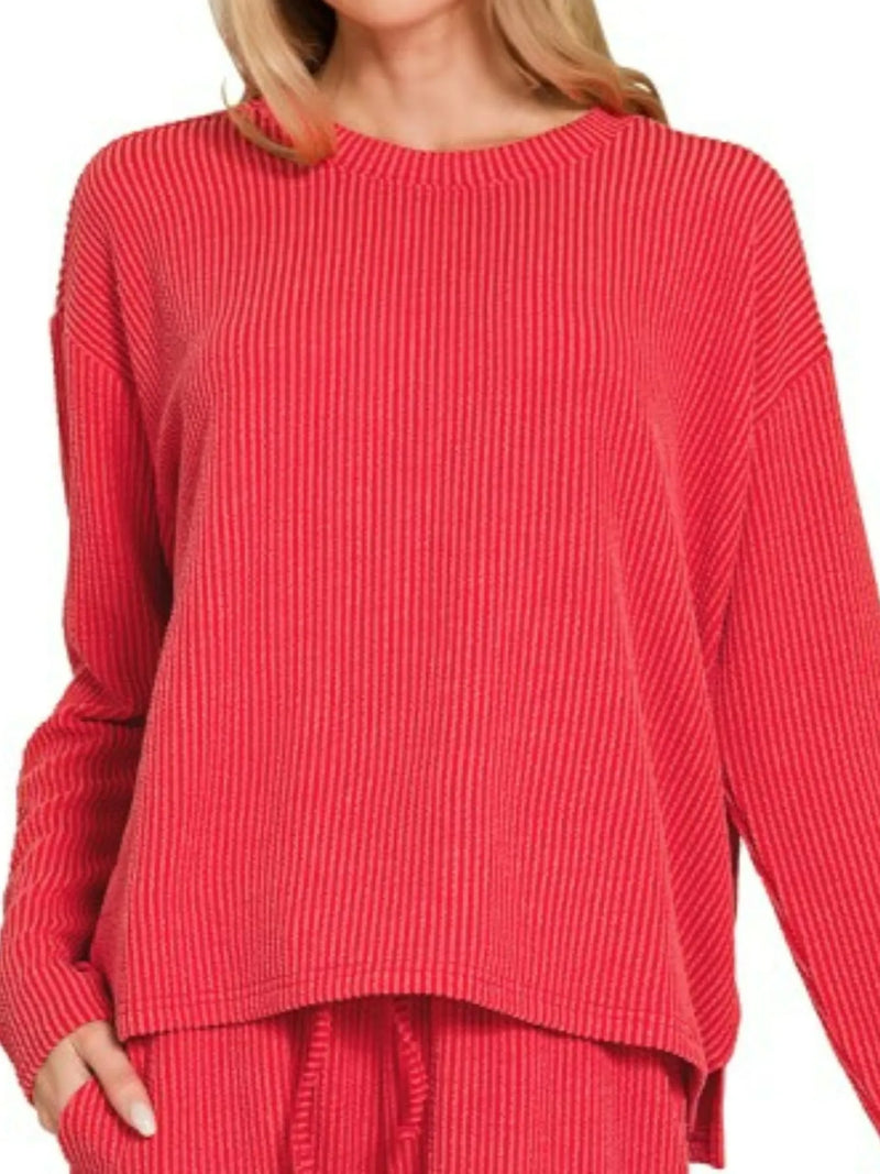 Zenana Corded Rib 2-Piece Long Sleeve Tee and Shorts Set - Casual Comfort with Drawstring Waist