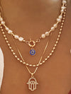 Layered Pearl Chain Evil Eye Hamsa Pendant Necklace Gold One Size