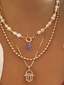 Layered Pearl Chain Evil Eye Hamsa Pendant Necklace Gold One Size
