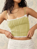 Lace Detail Plaid Square Neck Cami Chartreuse