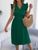 Lace Detail Ruffled Cap Sleeve Pleated Dress Dark Green