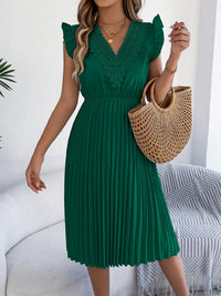 Lace Detail Ruffled Cap Sleeve Pleated Dress Dark Green