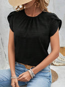 Slightly Stretchy Round Neck Ruched Petal Sleeve Top - 95% Polyester, 5% Spandex - Store 42