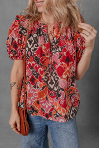 Ethnic Print Split Neck Short Puff Sleeve Blouse