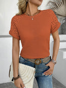Trendy Hollow Out Waffle Knit Short Sleeve T-Shirt - Soft Stretchy Fabric, Eyelet Detail - Store 42