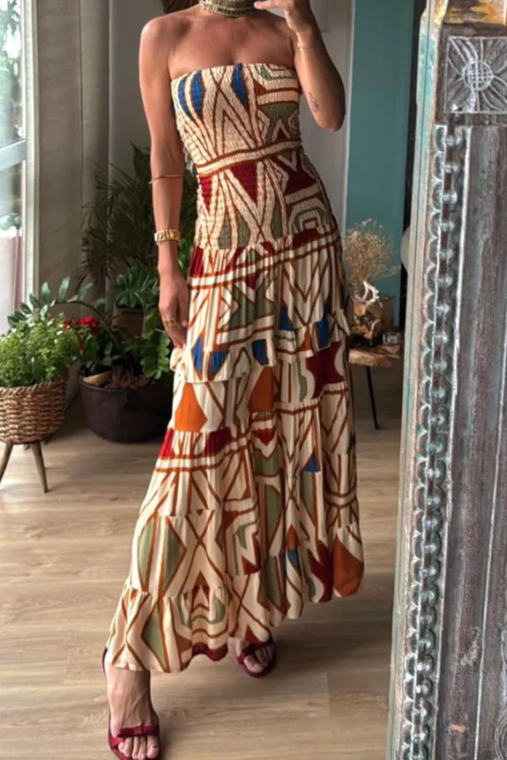 Trendy Smocked Printed Tube Dress with Ruched Detail | 100% Polyester, Slightly Stretchy