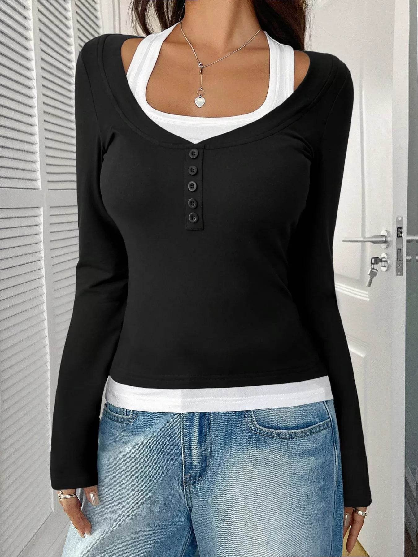Scoop Neck Long Sleeve T-Shirt - Slightly Stretchy, 95% Polyester for Comfort, Easy Care - Store 42