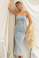 Washed Slit Back Tube Denim Dress Light Blue