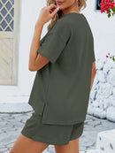 Casual Button Detail Ribbed Top and Shorts Two-Piece Set