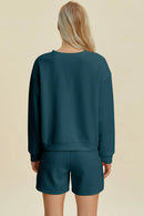 Double Take Full Size Texture Round Neck Long Sleeve Top and Shorts Set