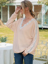 Ivy Lane Long Sleeve V-Neck Top with Lace Contrast and Dropped Shoulders - Store 42