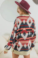 BiBi Aztec Print Mock Neck Long Sleeve Top - Oversized, Soft Cotton Blend, Tribal Chic - Store 42