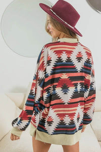 BiBi Aztec Print Mock Neck Long Sleeve Top - Oversized, Soft Cotton Blend, Tribal Chic - Store 42
