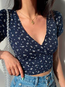 Trendy Floral Surplice Neck V-Neck Short Sleeve Cropped Top - Casual 100% Polyester - Store 42