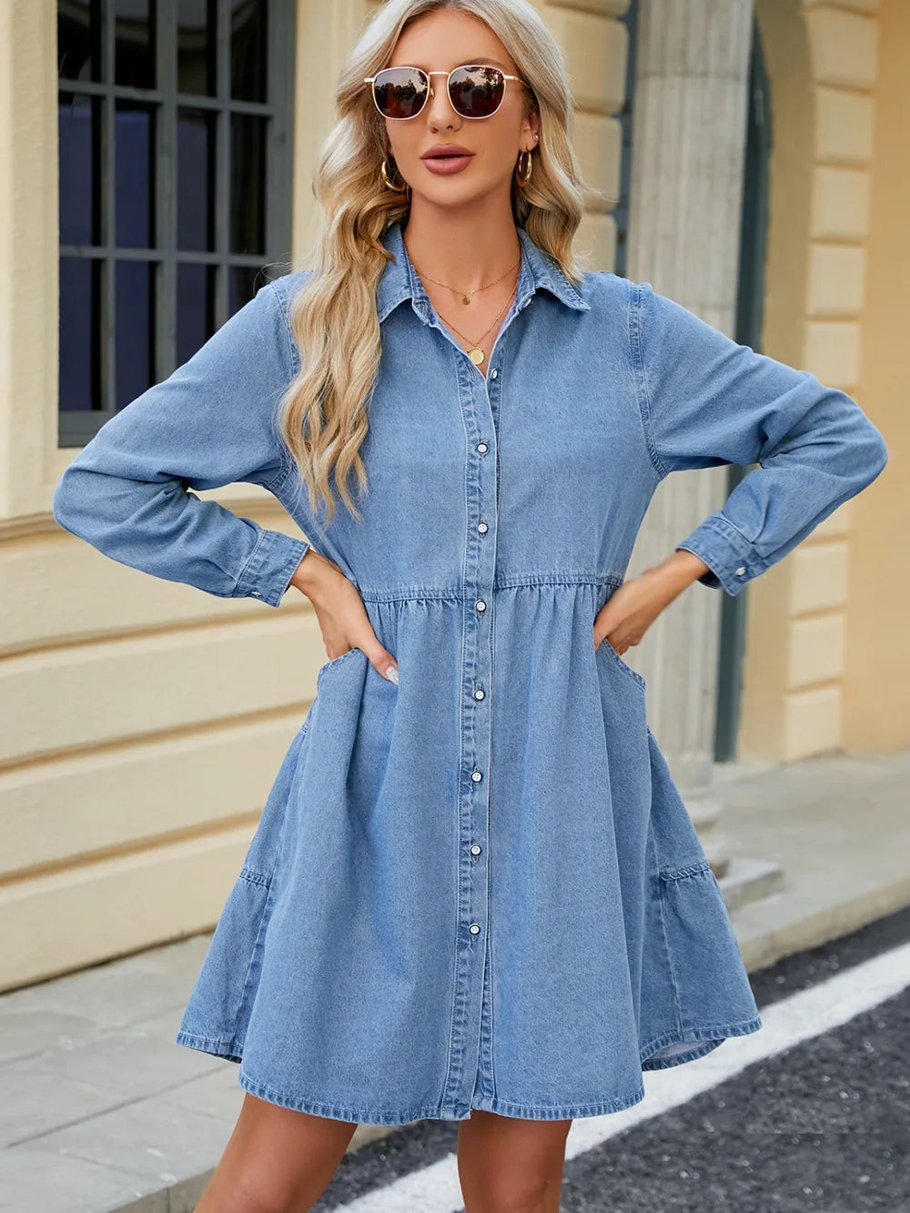Stylish Tiered Button-Up Long Sleeve Denim Dress with Pockets - 95% Rayon & 5% Polyester