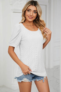 Trendsi Eyelet Puff Sleeve Top - Casual Solid Round Neck Design for Stylish Comfort - Store 42