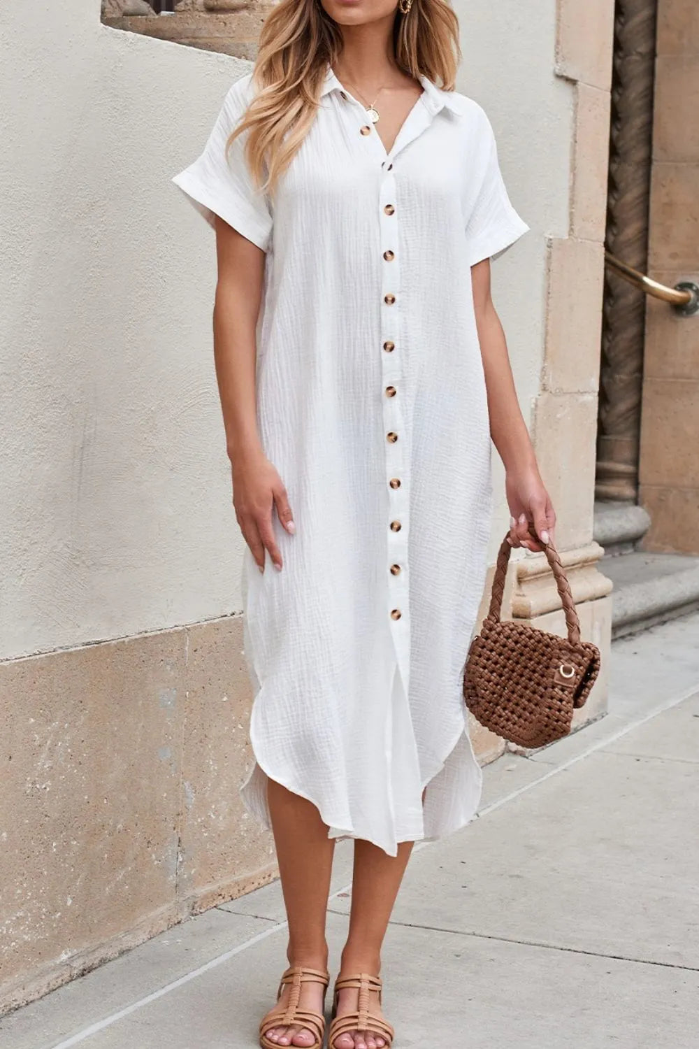Trendy Button Down Short Sleeve Midi Shirt Dress with Slits - 100% Polyester, Opaque Style