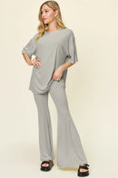 Double Take Full Size Round Neck Drop Shoulder T-Shirt and Flare Pants Set Light Gray