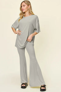 Double Take Full Size Round Neck Drop Shoulder T-Shirt and Flare Pants Set Light Gray