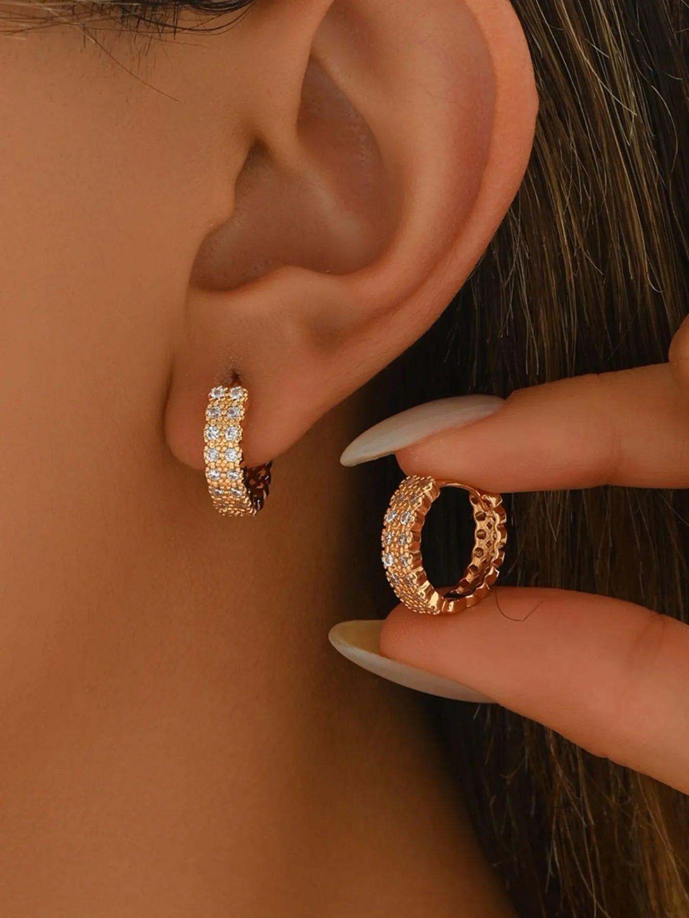 Elegant 18K Gold-Plated Zircon Hoop Earrings - Stainless Steel, 0.8" Length