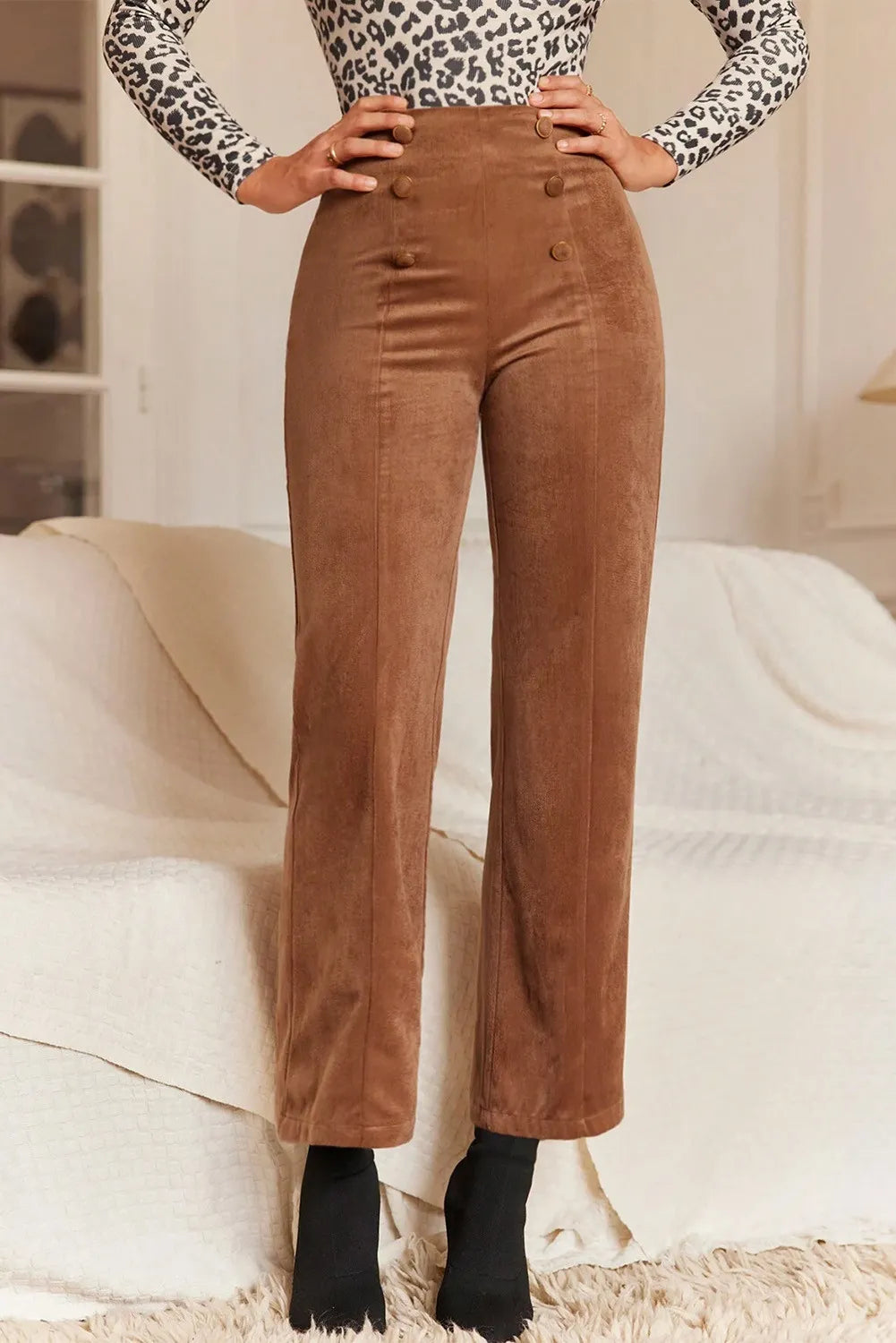 Trendsetting Decorative Button Straight Leg Pants in Opaque Cotton Blend