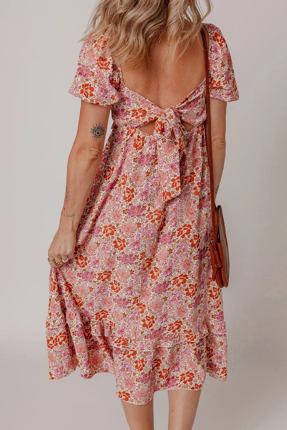 Floral Knotted Ruffle Midi Dress With Square Neckline | 100% Polyester, Smocked Design, Casual Chic