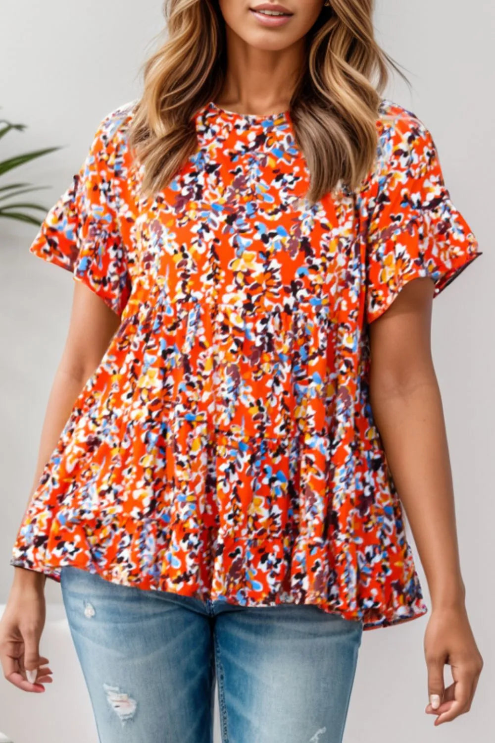 Stylish Plus Size Floral Tiered Blouse with Round Neck - 100% Polyester, Opaque, Machine Washable