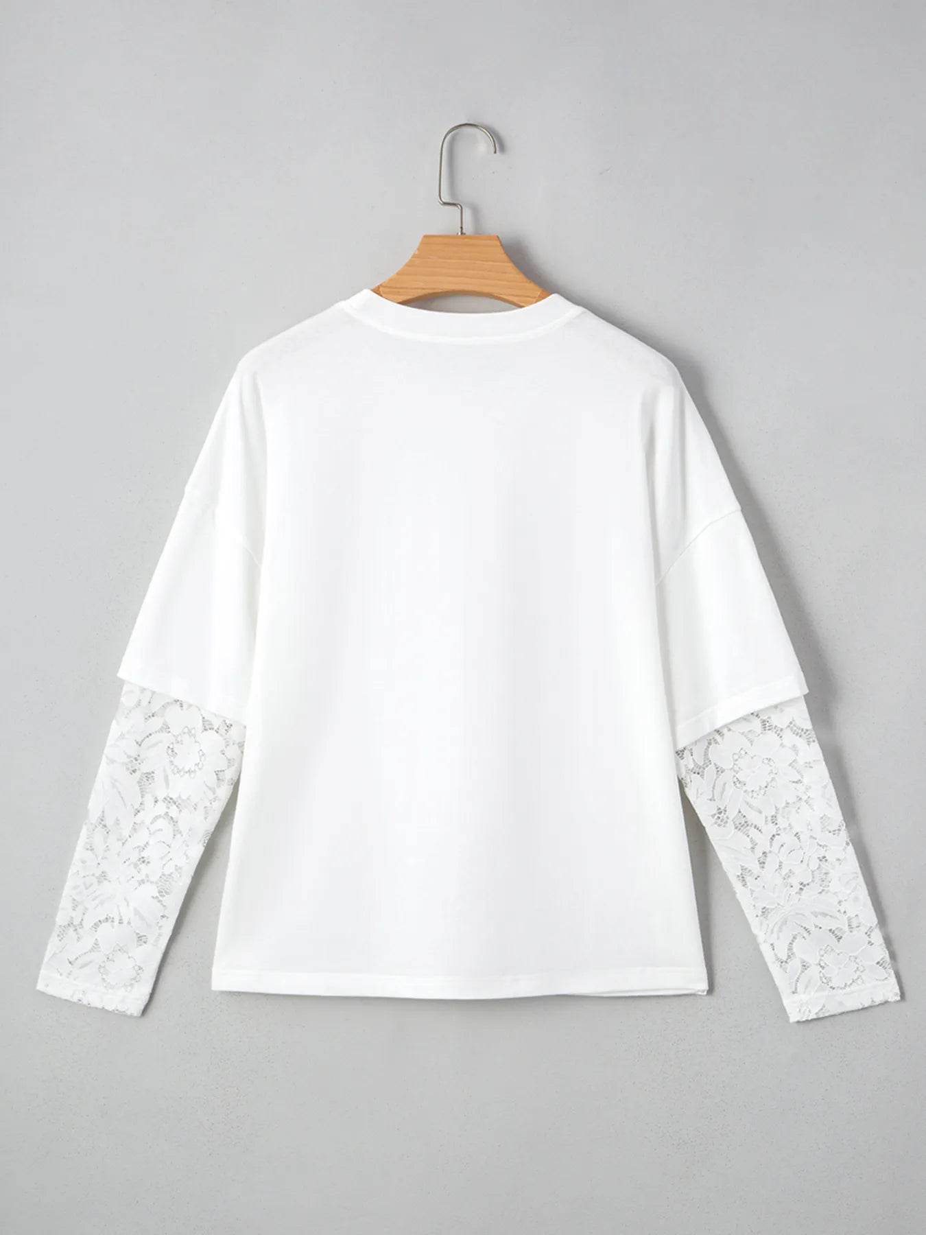 Lace Detailed Long Sleeve Drop Shoulder Tee - Slightly Stretchy Casual Top - Store 42