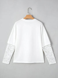Lace Detailed Long Sleeve Drop Shoulder Tee - Slightly Stretchy Casual Top - Store 42