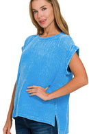 Zenana Woven Double Gauze Acid Washed Short Sleeve Top DEEP SKY