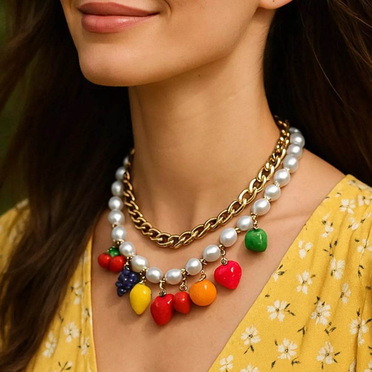 18K Gold-Plated Double Layered Necklace with Colorful Imitation Pearls - Unique Fashion Accessory