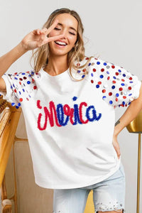 BiBi Metallic Letter Spangle Raglan Puff Sleeve Top - Store 42