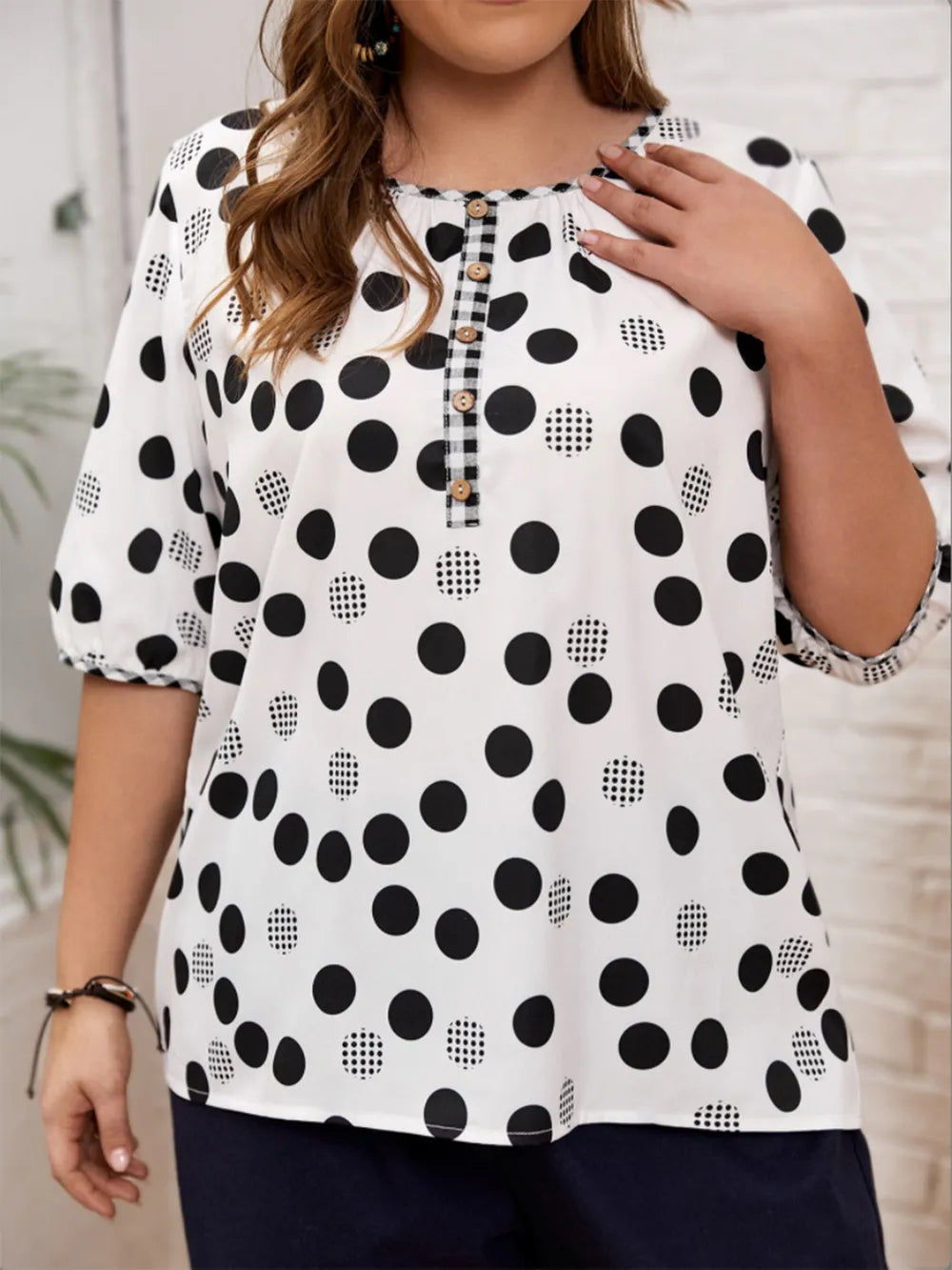 Trendsi Plus Size Polka Dot Blouse with Round Neck and Half Sleeves - Opaque Cotton Blend