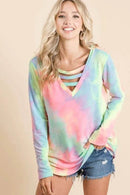 BiBi Tie Dye French Terry V-Neck Top with Strapped - Store 42