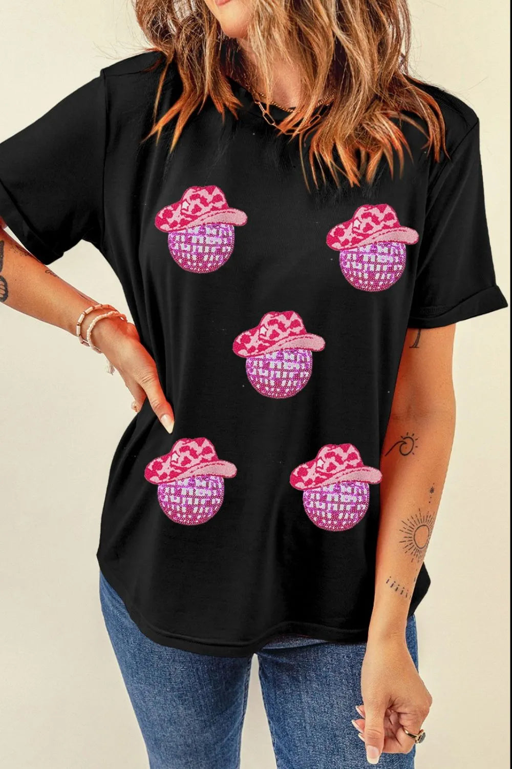 Cowboy Hat Disco Ball Round Neck T-Shirt - Opaque, Slightly Stretchy, Unique Style