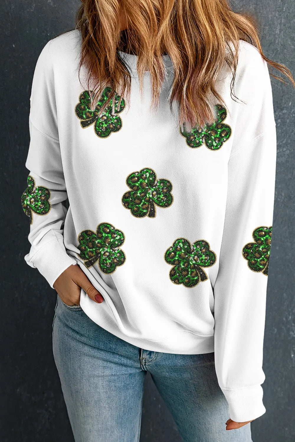 Sequin Lucky Clover Long Sleeve Sweatshirt - Sheer Opaque, Slightly Stretchy, Soft Blend