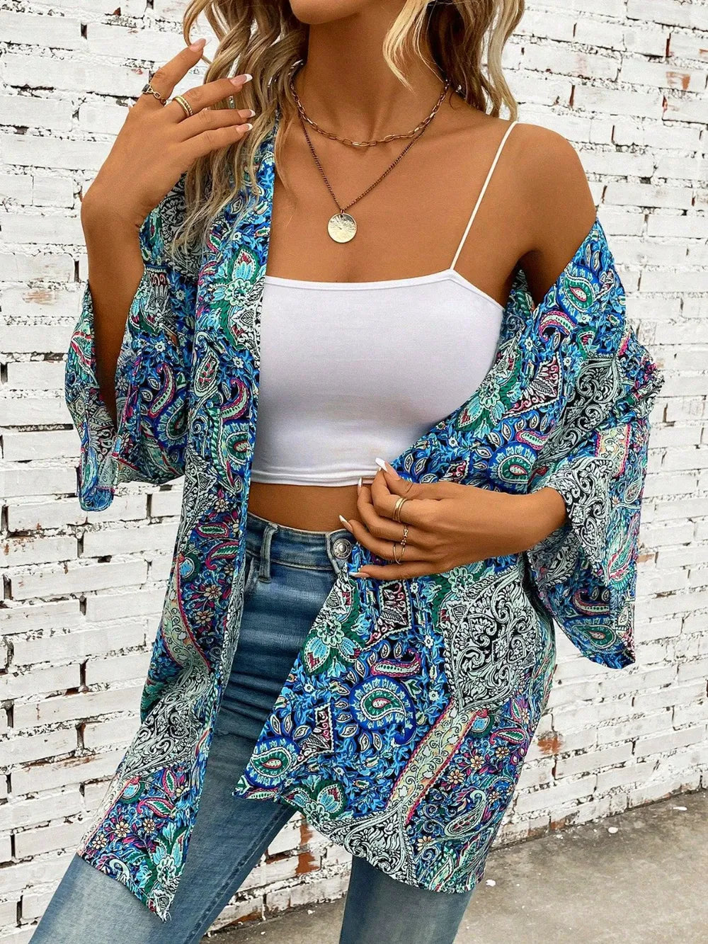 Sheer Polyester Printed Open Front Cover Up with Three-Quarter Sleeves - One Size
