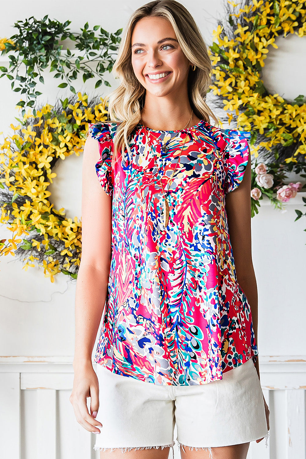 Casual Abstract Print Ruffle Shoulder Top - Sleeveless Round Neck with Moderate Stretch