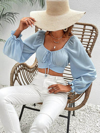 Trendy Honey Cropped Blouse with Long Raglan Sleeves and Square Neck Design - Store 42