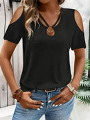 Sleek Cold Shoulder T-Shirt With Eye-Catching Metal Ring Detail - 95% Polyester, Slightly Stretchy - Store 42