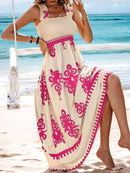 Smocked Printed Wide Strap Maxi Dress