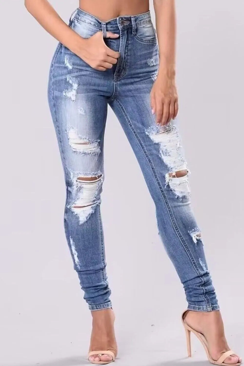 Plus Size Full Length Distressed Skinny Jeans with Pockets & Slight Stretch