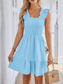 Smocked Square Neck Wide Strap Dress Pastel Blue